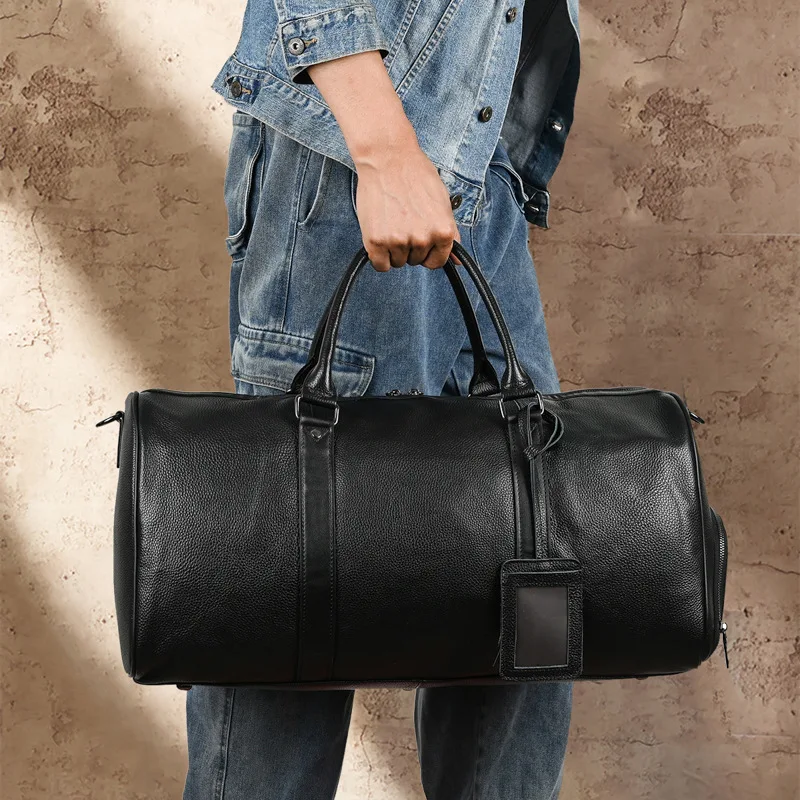 Large Capacity Big Black Genuine Leather Business Trip Men Travel Bag with Shoe Pocket Shoulder Messenger gym Duffle Bag M003