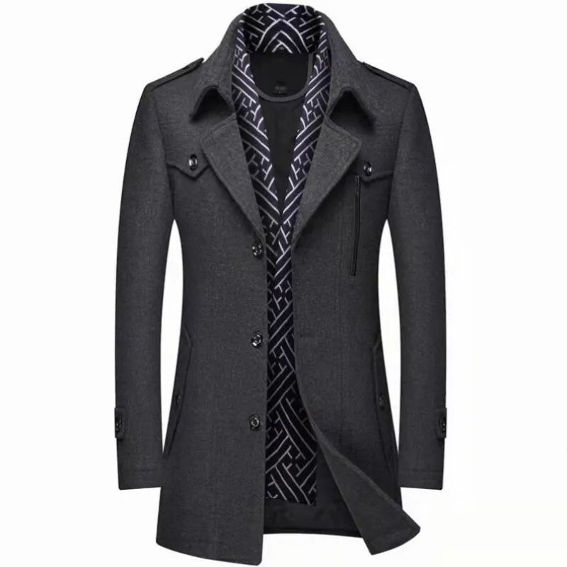 Winter Men Wool Coats New Fashion Middle Long Scarf Collar Cotton-Padded Thick Warm Woolen Coat Male Trench Coat Overcoat M-4Xl