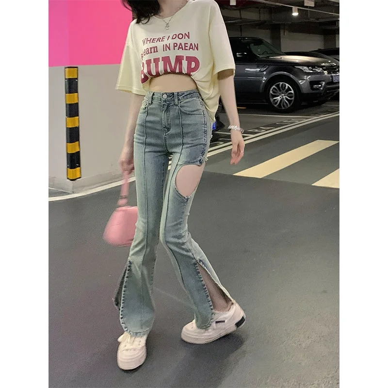 

Love Hole Jeans Women's Summer Korean Version New Temperament Commuter Casual High Waist Straight Slit Micro Flared Pants
