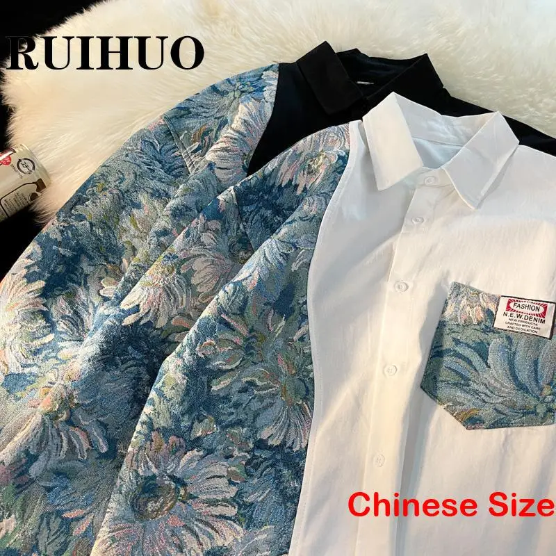 

RUIHUO Patchwork Casual White Shirt For Men Free Shiping Korean Fashion Mens Shirt Chinese Size 5XL 2023 Spring New Arrivals