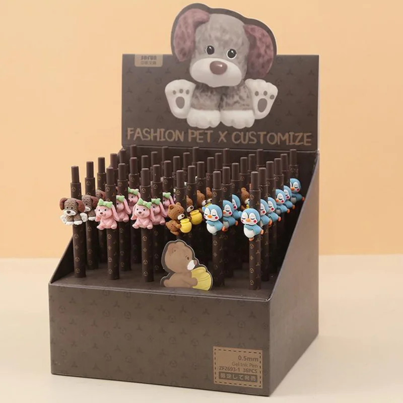 

36 шт. Изысканная гелевая ручка с мультипликационным рисунком, милые ручки с собакой, канцелярские принадлежности для учебы, черные и синие принадлежности для письма для школьников 0,5, искусственная ручка