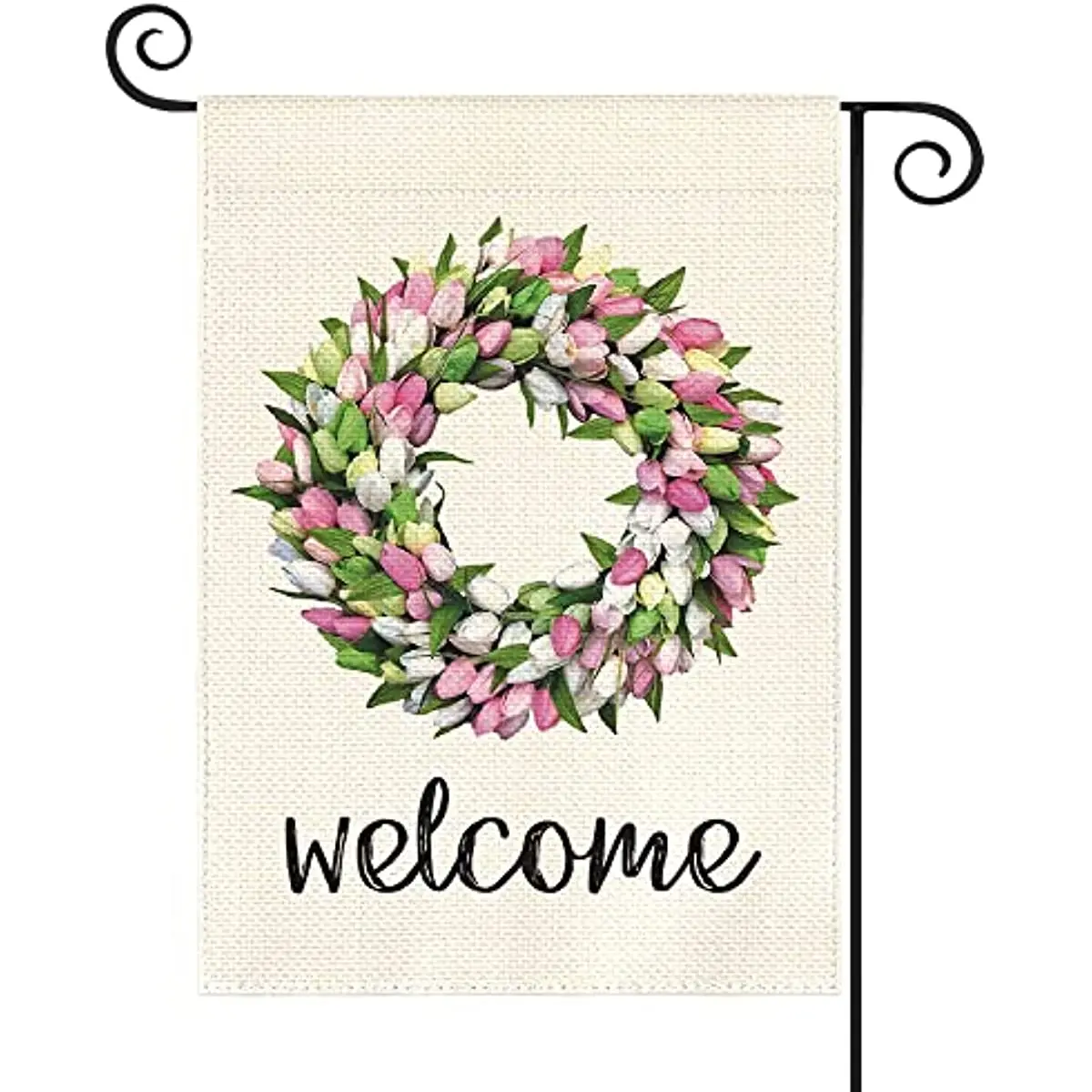 

Welcome Tulips and Lily Wreath Garden Flag Double Sided, Seasonal Spring Easter Mother's Day Yard Outdoor Flag