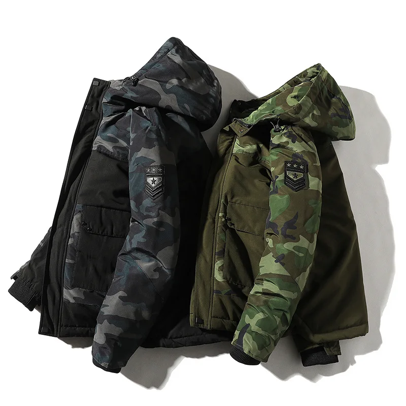 Mens Fashion Camouflage Patchwork Hooded Jackets Winter Thickened Warm Jacket Outdoor Casual Parkas Jaqueta Masculina
