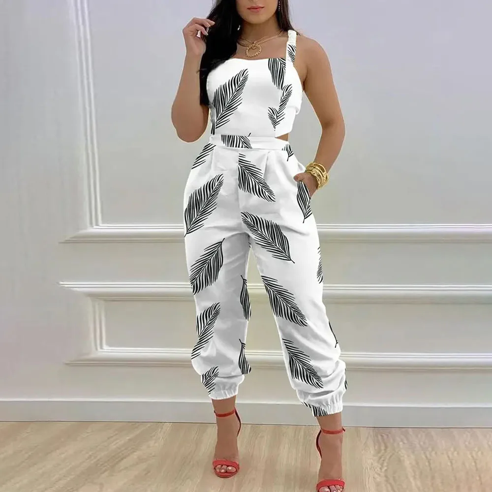 Sexy Deep V-neck Short Sleeve Summer Jumpsuit Women 2022 Fashion Print Drawstring Lace-up Slim Female Jumpsuits Casual Romper