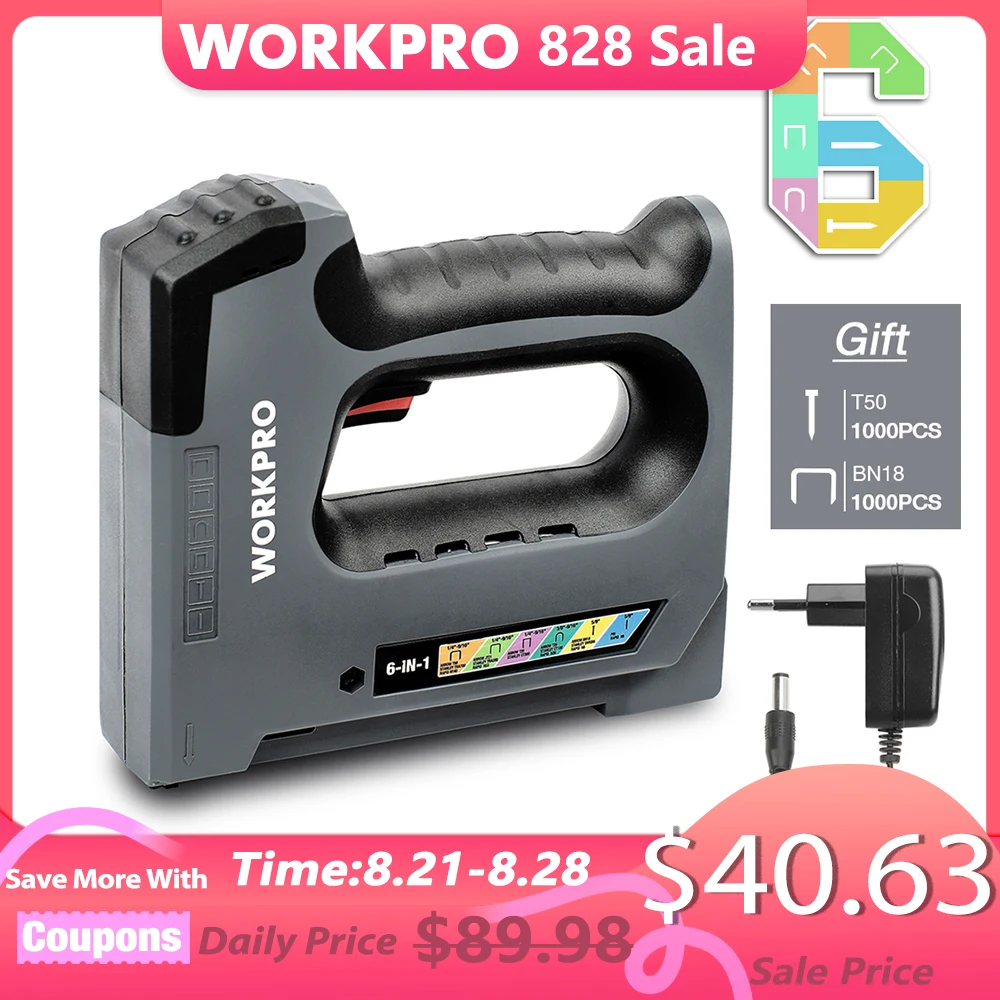 WORKPRO 6 In1 3.6V Heavy Duty Staple Gun Rechargeable Cordless Tacker For House Decor Renovations Upholstery, Decoration