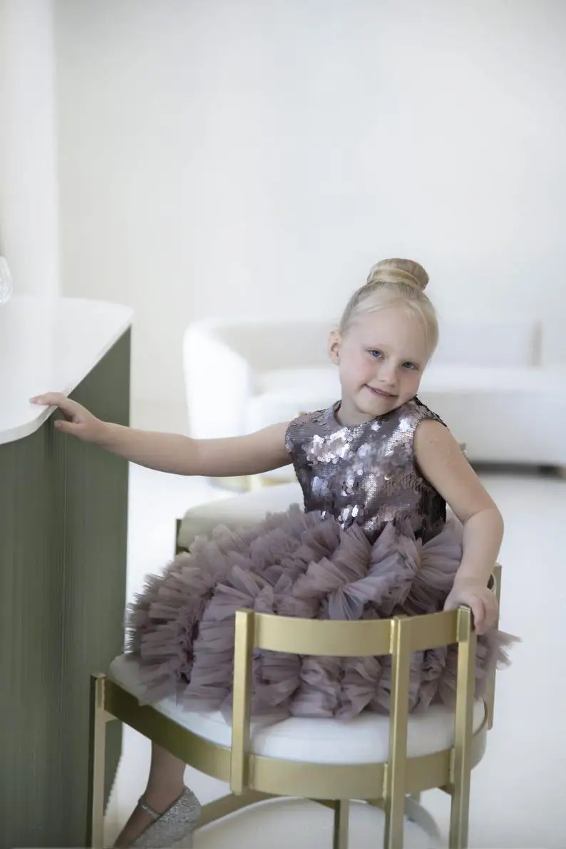 Chocolate Shine Pageant Sequin Outfit Babygirl Birthday Dress Special Occasion Girls Prom Gown Princess Party Tulle Skirt