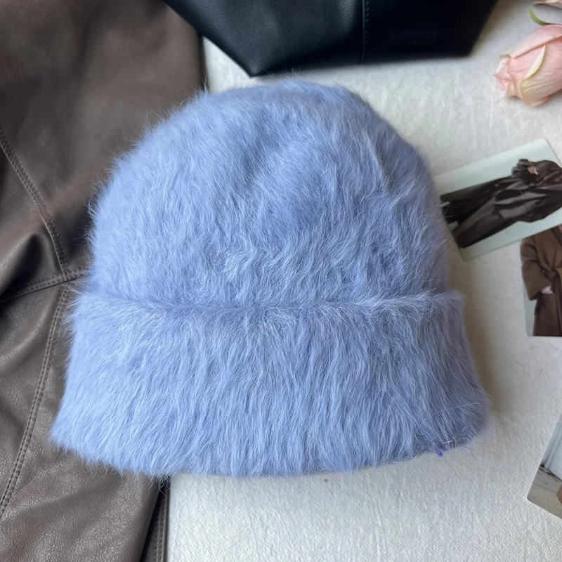 2023 New Fashion Rabbit Fur Y2k Beanies for Women Soft Warm Fluffy Angola Winter Hat Female Windproof Bonnet Hat Skullies Cap