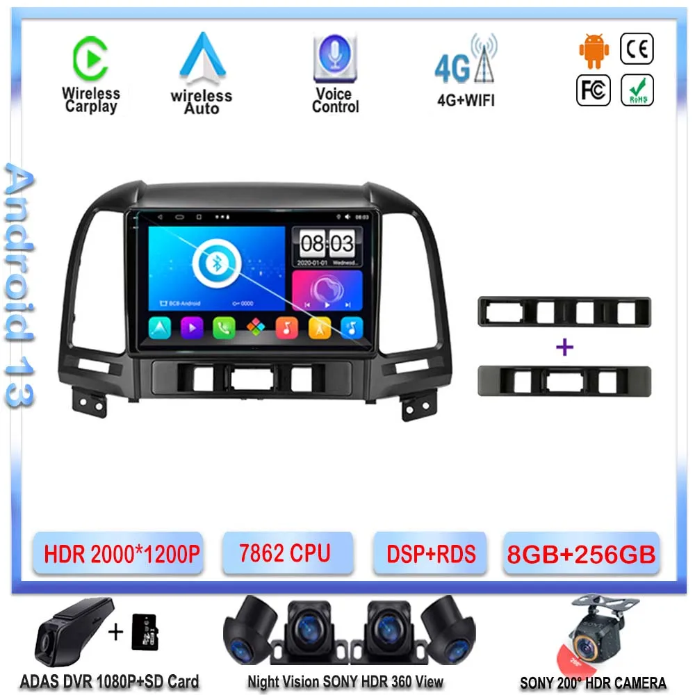 

7862 ЦП Android 13 для Hyundai Santa Fe 2006-2012 автомобильный Dvd Авторадио QLED экран 2DIN GPS навигация мультимедийный плеер стерео