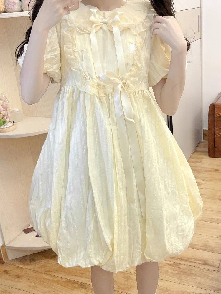 

Милое элегантное офисное желтое платье в стиле девушки Мори, летнее женское платье с круглым воротником Питер Пэн, кружевное свободное плат...