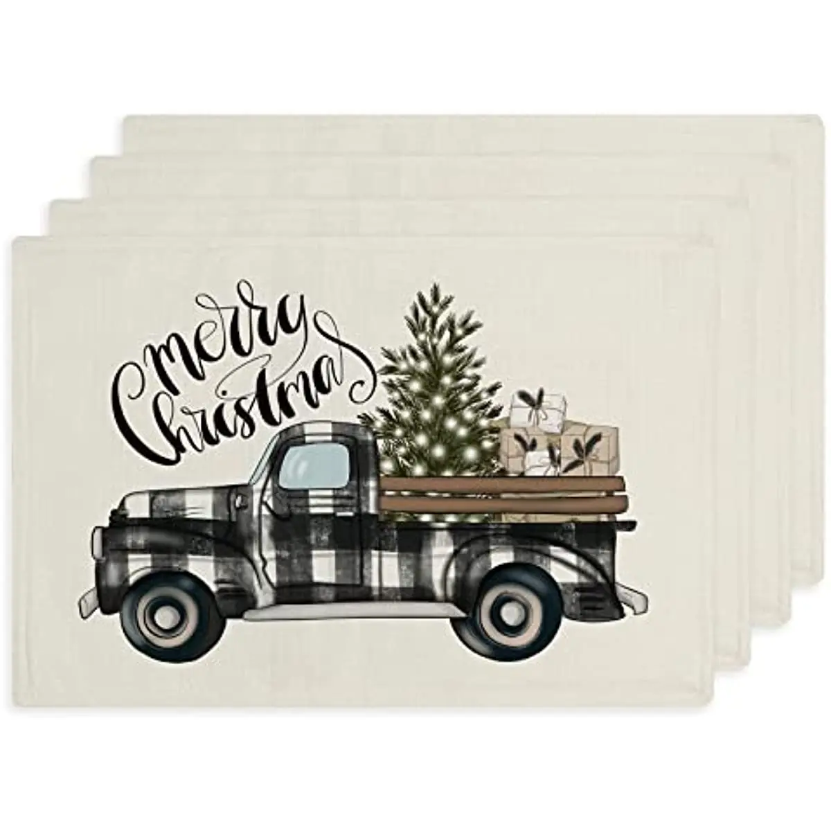 

Merry Christmas Buffalo Plaid Truck Placemats Set of 4 Table Place Mats for Holiday Dining Table Indoor Decorations 12x18 Inches