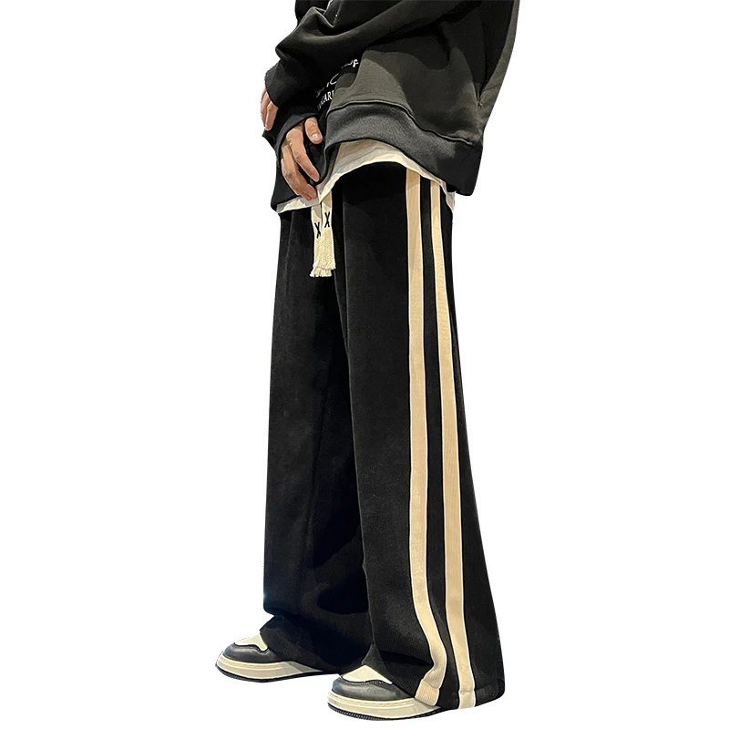 Stripe Corduroy Pants Men's Winter Fleece-lined Gray Casual Sweatpants American Oversize Loose Straight Trousers