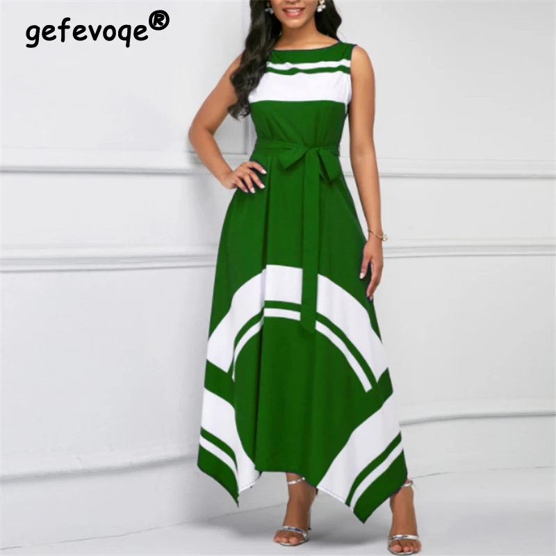 

Elegant Lace Up Asymmetric Sleeveless Printed Tunic Maxi Dress Women Summer Casual High Waist Party Dresses Robe Female Clothing