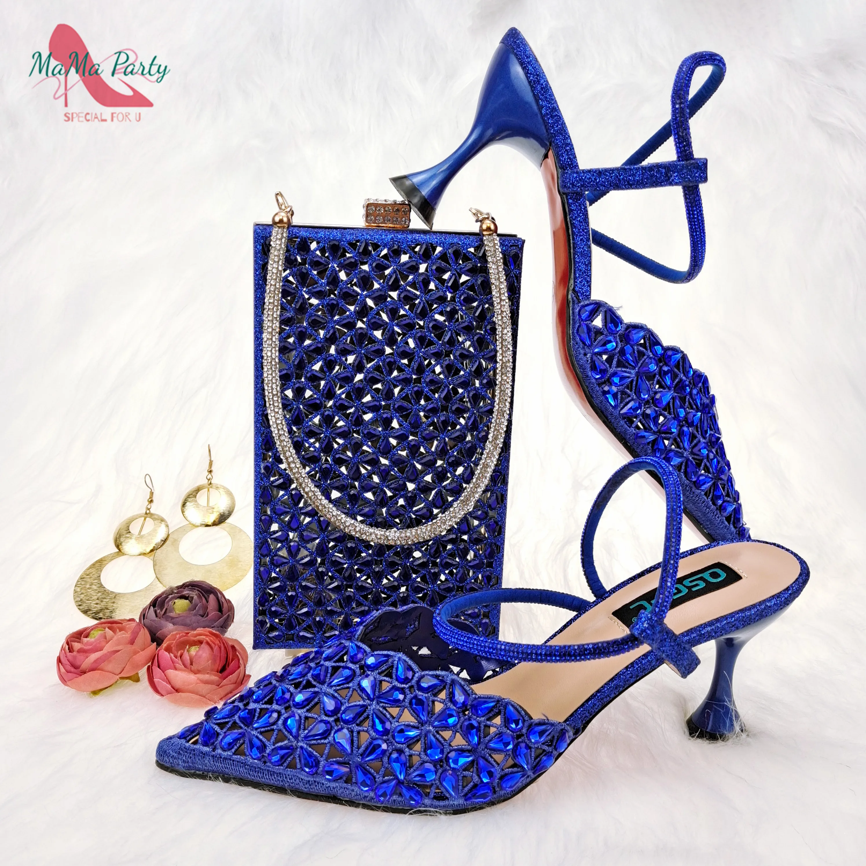 

New Arrivals Pointed Toe Ladies Sandal Decorated with Shining Crystal Shoes Matching Bag Set in Royal Blue