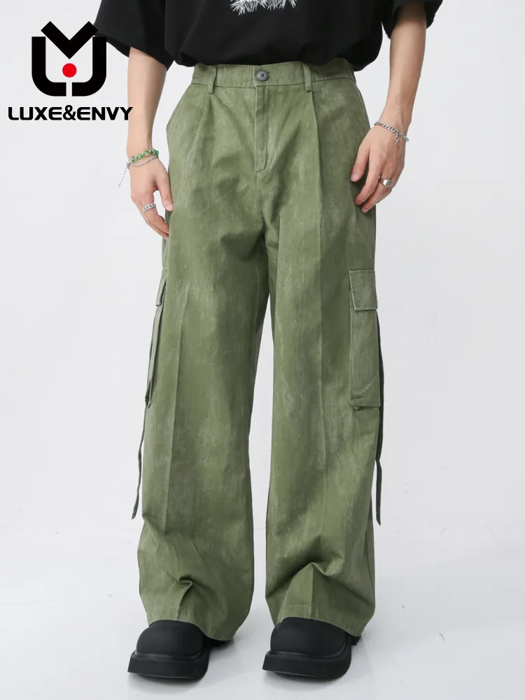 

LUXE&ENVY Men's Wear Tie Dyed Loose Korean Edition Wide Leg Floor Mop Large Pocket Casual Pants Spring Summer 2023 New