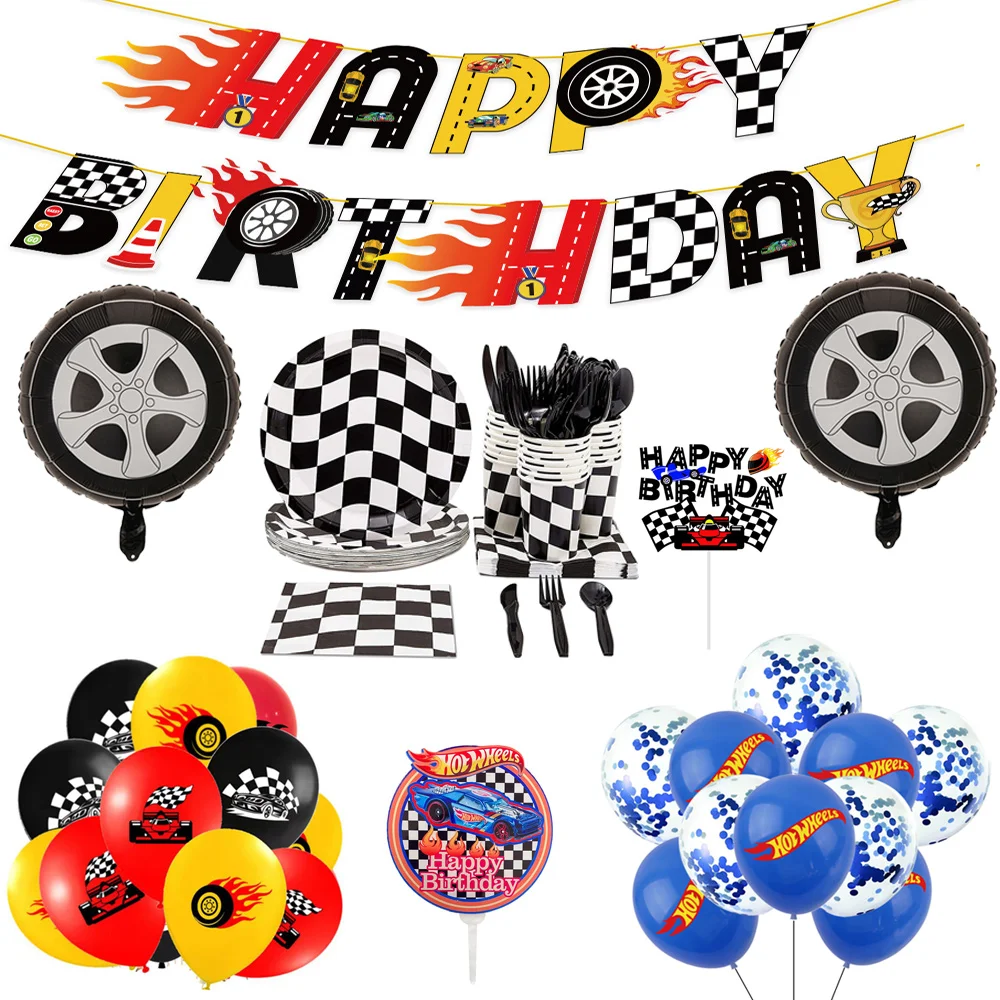 

Racing Car Theme Party Supplies Hot Wheels Birthday Decor Balloons Banner Cake Topper Checkered Swirl Child Gifts Traffic Cones