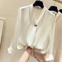 blouses woman casual office temperament is thin v neck long sleeved loose solid color shirt female super fairy tops