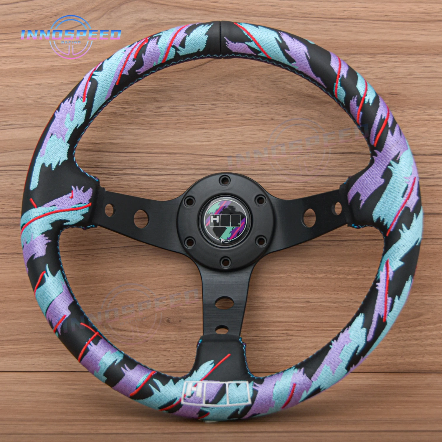 Фото Новый 13-дюймовый 320-миллиметровый игровой руль JDM Sim Racing, универсальный кожаный руль с камуфляжной вышивкой и глубоким блюдом №1