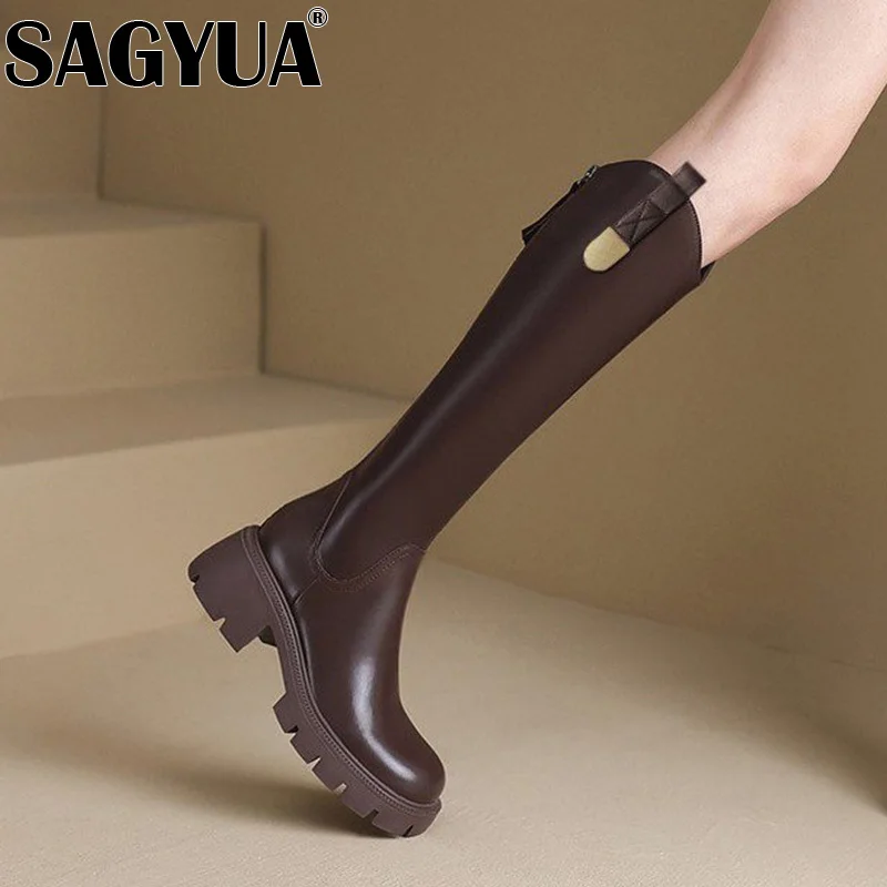 Женские сапоги до колена кожаная обувь на среднем каблуке зимняя брендовая 2025