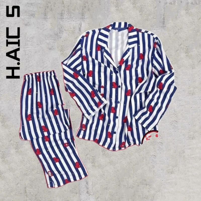 

Ammug Cute Pajamas Set Print Women's Striped Cartoon Top Shirts Pants Kawaii Homewear Suit Female Spring Korean Sleepwear Suits