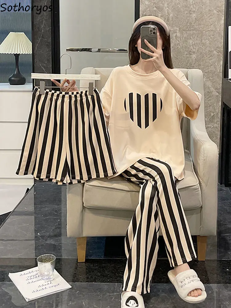 

Пижамный комплект Женский в полоску, модная Корейская одежда для сна в стиле Ins для студентов, простая и удобная летняя повседневная мягкая одежда для дома, 3 шт.