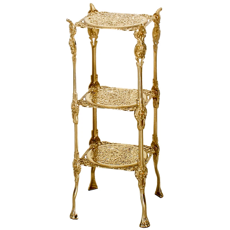 

Entry Lux Brass Hollow Carved Storage Rack Floor European Court Flower Rack Multi-Layer Storage American Corner Table Stand