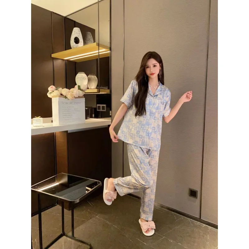 2023 Summer New Fashion Printed Pajamas Women's Artificial Silk Short Sleeve Trousers Suit Homewear