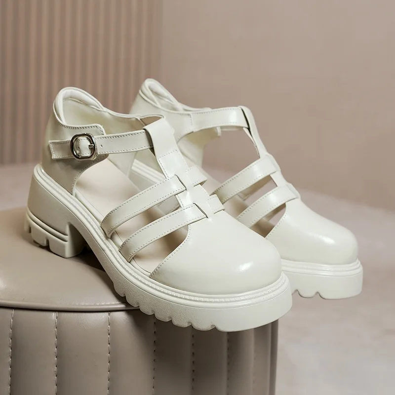 CICIYANG Women Sandals Genuine leather 2023 Summer New British Style Retro Women Sandals Woven Closed Thick Bottom Roman Sandals