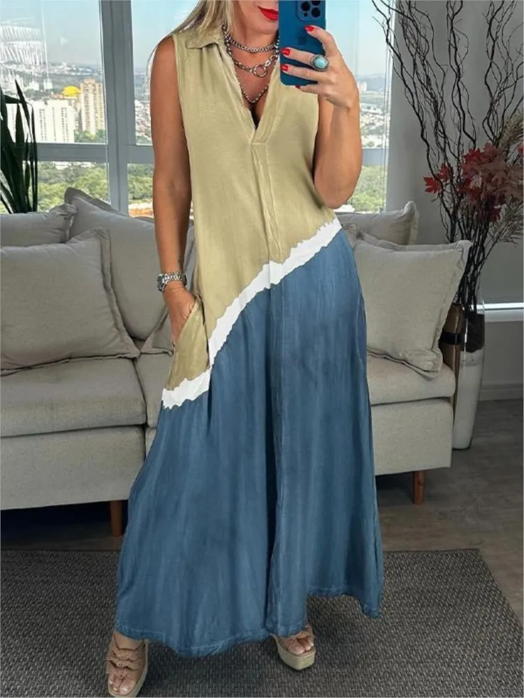 Летнее женское свободное платье без рукавов с v-образным вырезом и карманами 2024