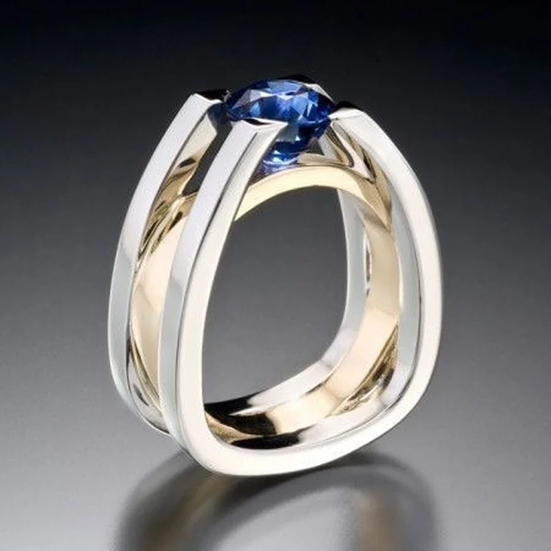 

Luxury Silver Gold Color Two Tone Women Rings Trendy Metal Inlaid Blue Zircon Crystal Wedding Rings Bridal Engagement Jewelry