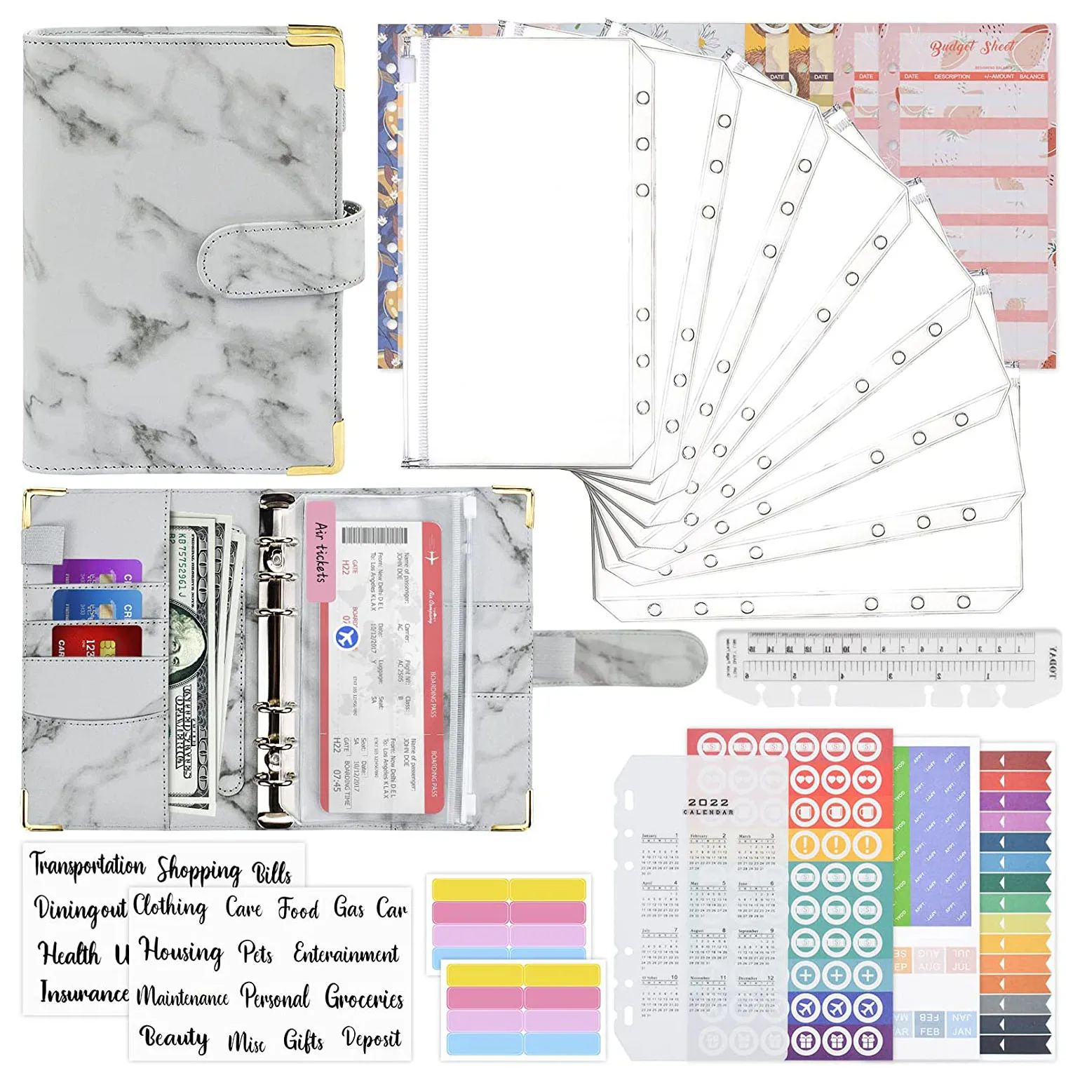 

A6 PU Leather Binder Budget Planner Organizer Set, with Clear Cash Envelopes, Budget Sheets and Label Stickers, for Money Saving