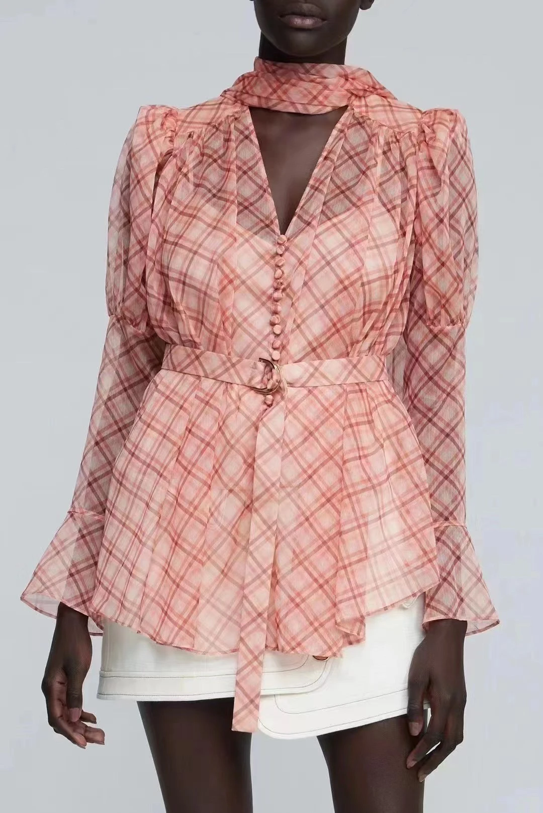 

Women Pink Plaid shirt Ribbon Bow Collar Long Sleeved Ruffles Top with Waist Belt 2022 New