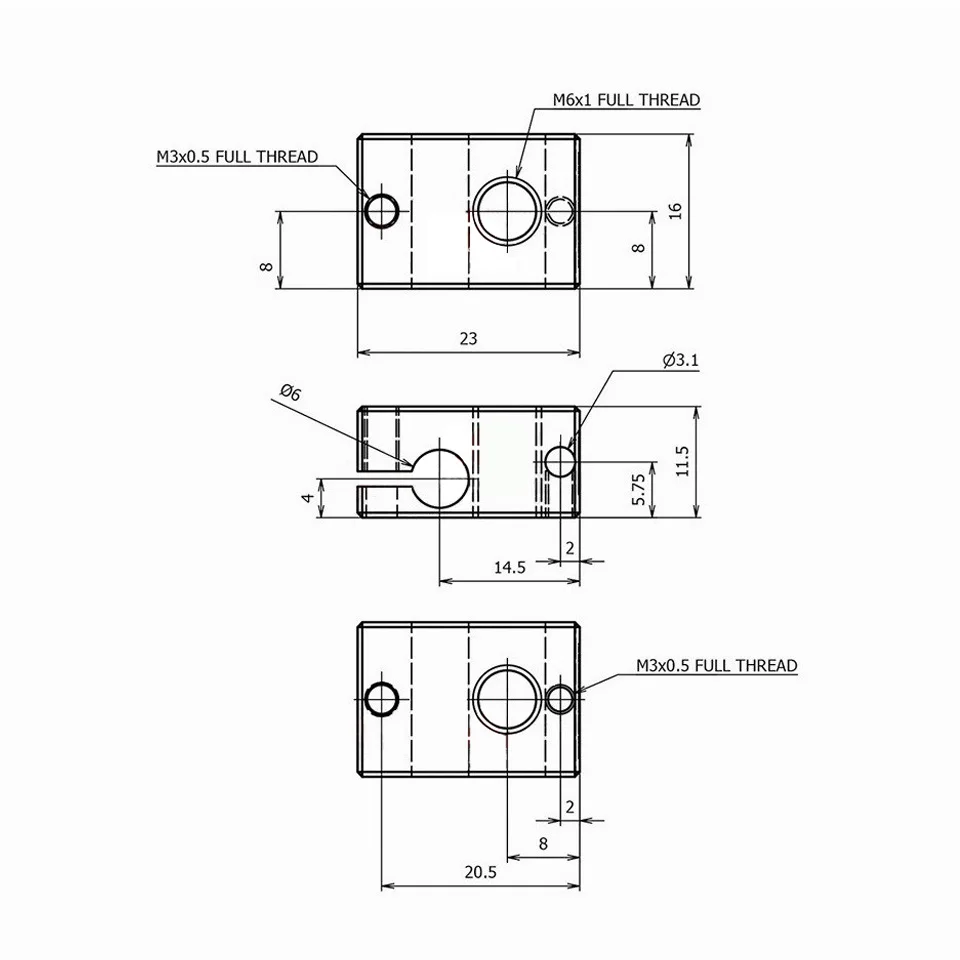Алюминиевый тепловой блок V6 23*16*12 мм для E3D V5 PT100 экструдер с J-образной головкой