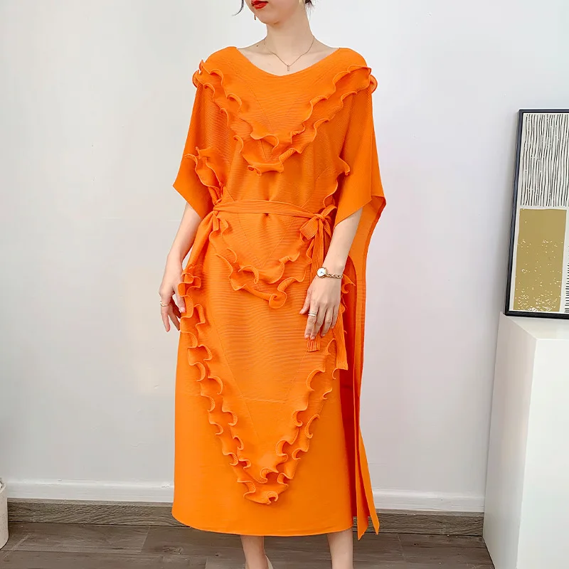 

Fashionable pleated dress, new new ear lace dress, children's lace up, showing a slim temperament long skirt