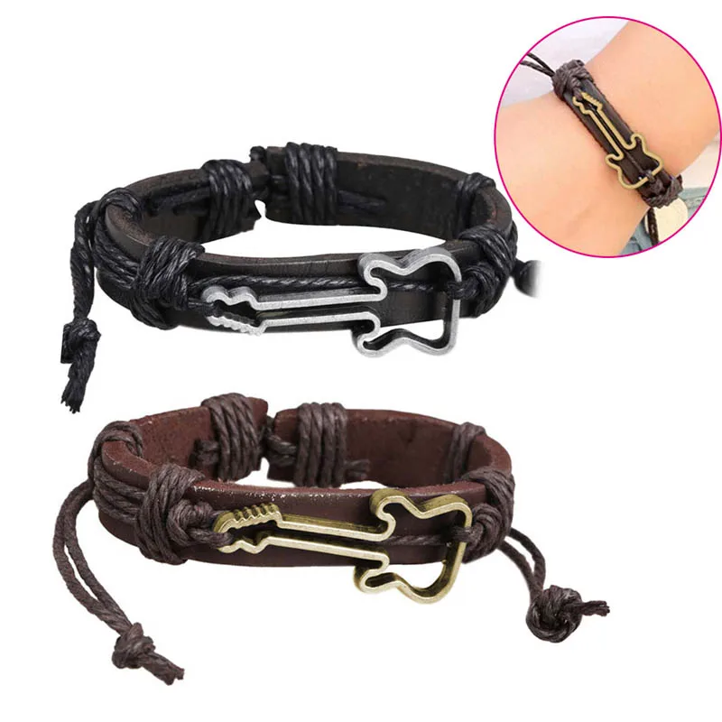 

Girl Boy Braid Leather Bracelet Bangle With Guita Pattern Punk Rock Chain Band Can Be Used As A Couple High Appearance Level