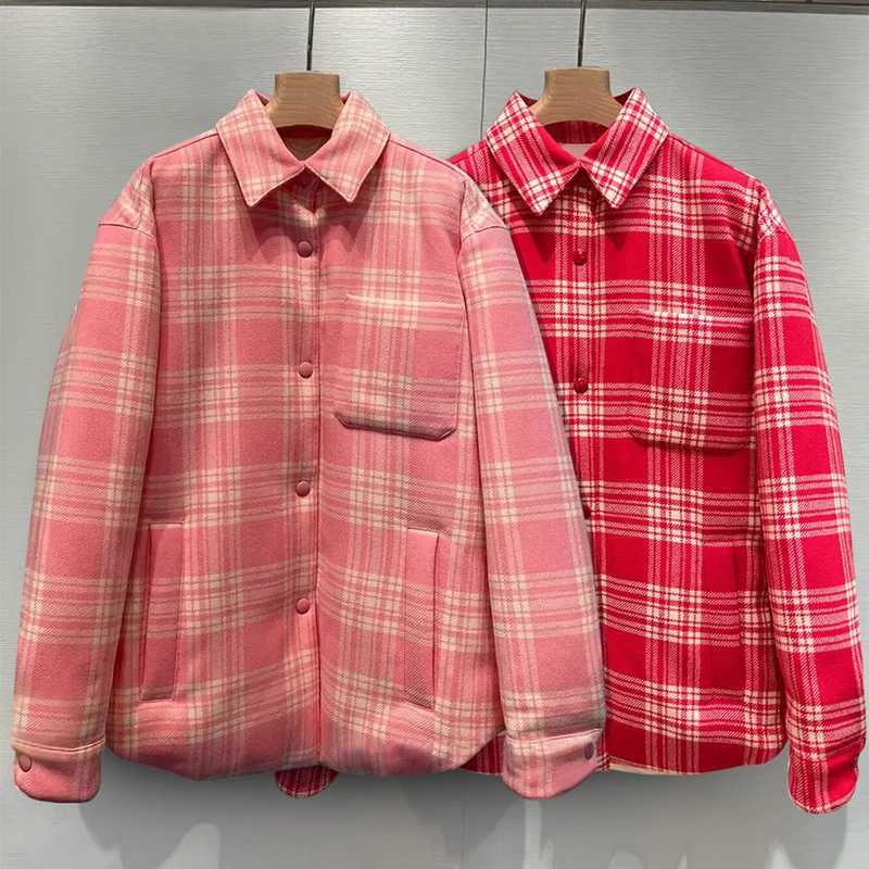 2022 New Autumn Winter Pink Plaid Cotton-padded Coat for Women Thicken Warm Shirts Wadded Jacket Mid-long Loose Down Coat