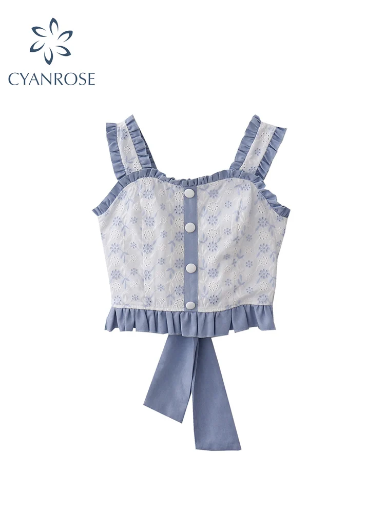 

Women Bow Crop Tops 2022 Summer Camisole Fashion Vintage Casual Female Print Tank Top Sexy Sleeveless Off Shoulder Kawaii Vest