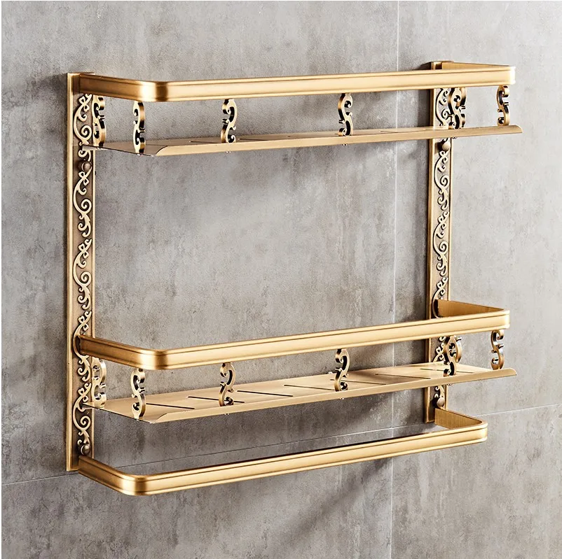 

European-style bathroom rack double-layer bathroom space aluminum retro cosmetic rack wall hanging rack bathroom accessories