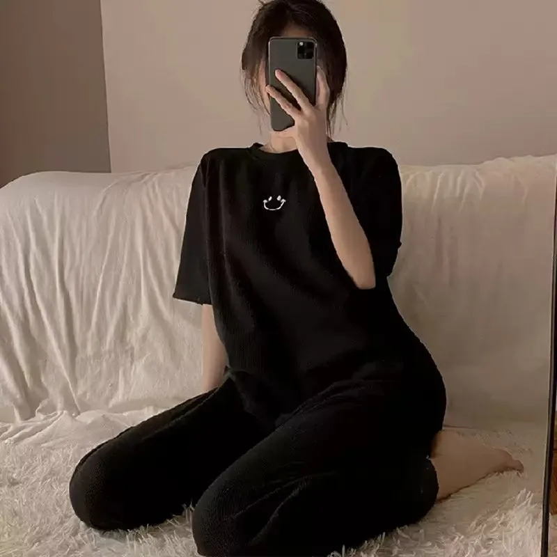 New Summer Korean Pajamas Short-sleeved Pants Pajama Loose Round Neck Wear Outside Sleepwear Large Size Women Girl Home Wear Set