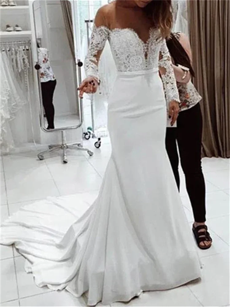 

Long Sleeve Lace White Dress New Fashion Wedding Dresses for Women 2023 Chic Elegant Slash Neck Floor Length Maxi Dress