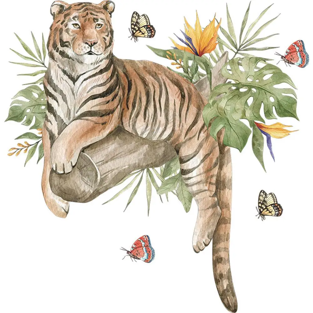 

Wall Decals Wall Sticker Watercolor Cartoon Animals Tiger Tropical Green Plant Butterfly Wallpaper Home Wall Decoration