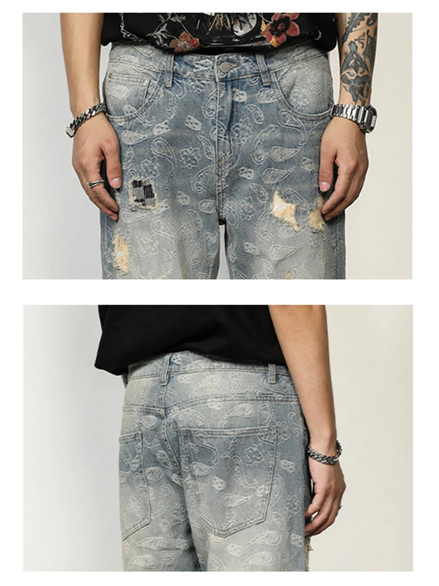 Brand Ripped Cashew Print Alphabet Patchwork Jeans Men's Loose Straight Wide Leg Pants Streetwear Denim Baggy Ripped Jeans Mens