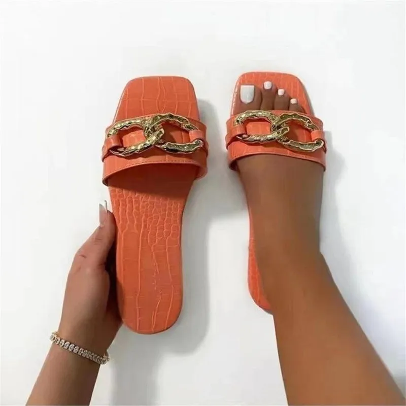 

2022 Women Slippers Metal Chain Flat Shoes Summer Women Sandals Open Toe Outdoor Slides Beach Flip Flops Pantoufles Pour Femmes