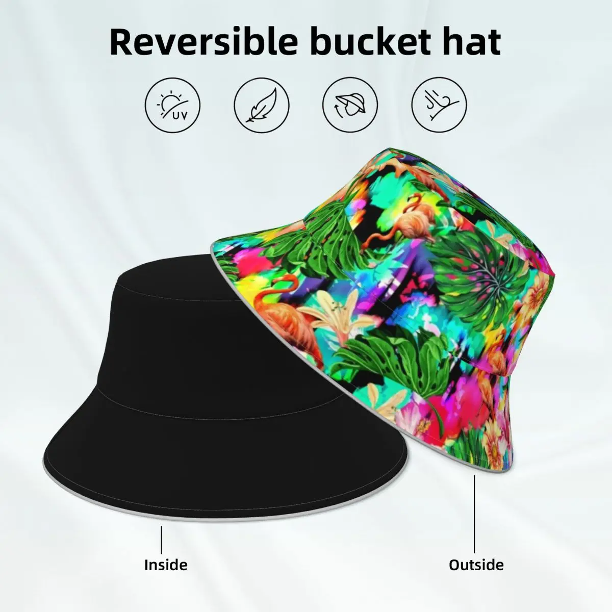 

Flamingo Print Bucket Hat Tropical Leaves Custom Hiking Fisherman Hats Reversible Classic Reflective Sun Hat
