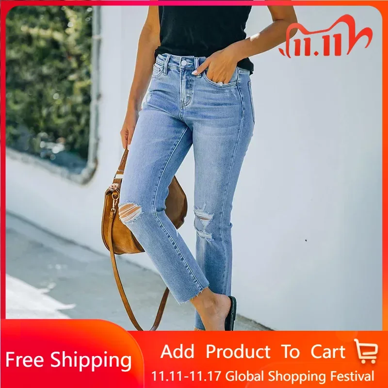 

Женские рваные джинсы с высокой талией, узкие брюки до щиколотки с высокой талией, черные синие прямые джинсы