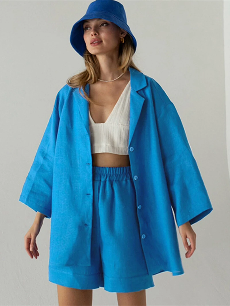

Cotton Linen Shorts Sets Women Casual Two Piece Set Summer Clothing Long Sleeve Shirts Top Wide Leg Trousers Woman Suits Outfits