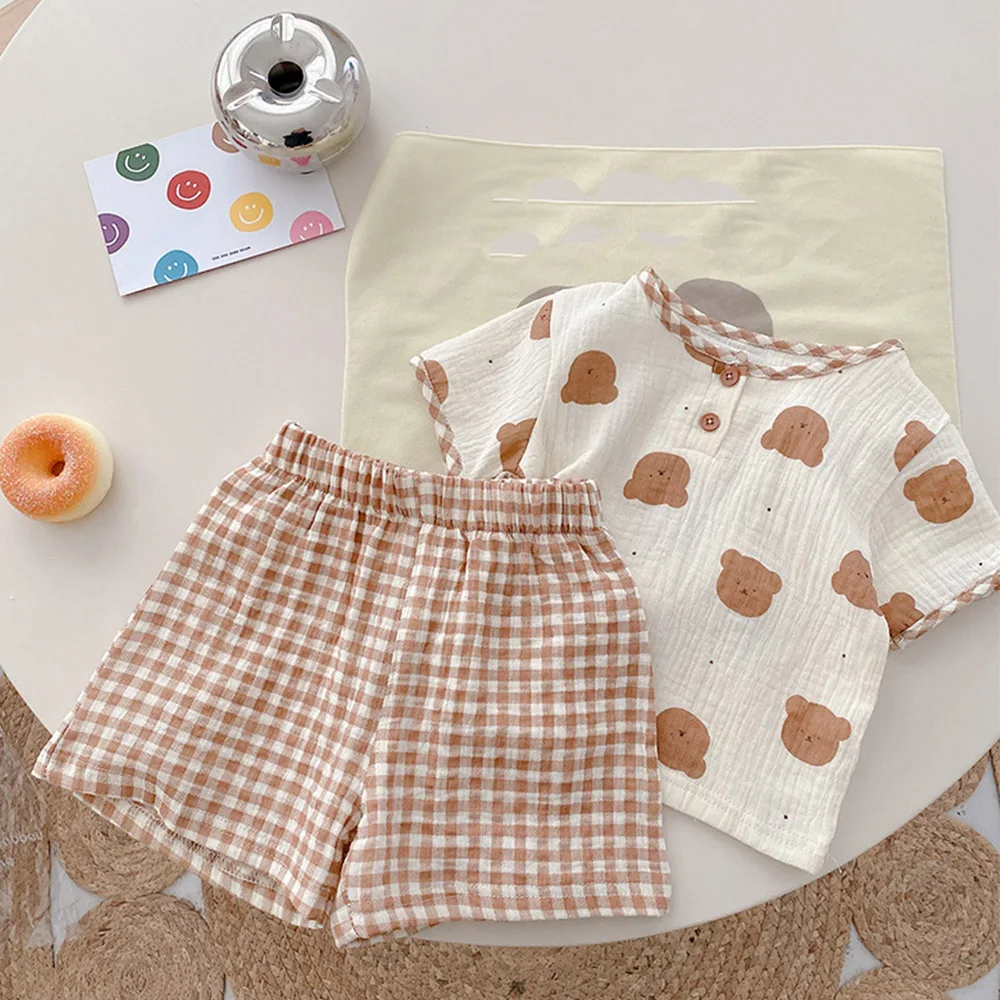 

Toddler Boy Outfits Summer Cotton Cartoon T Shirts + Plaid Short Pants Two Pieces Unisex Girls Clothing Sets