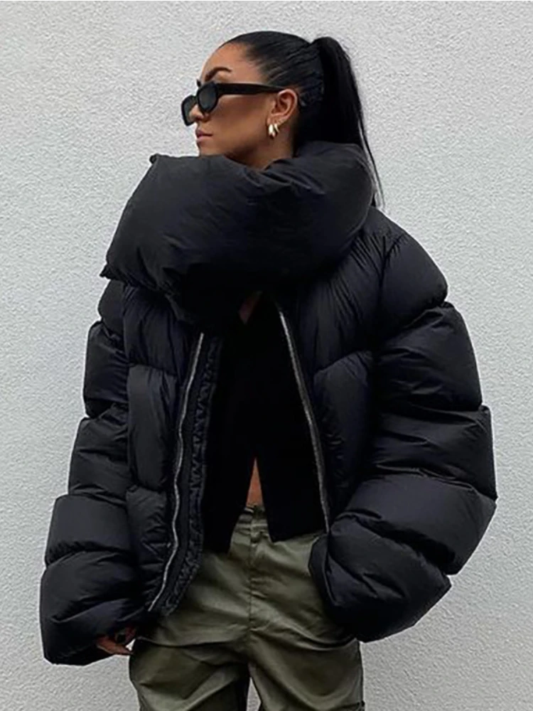 Winter Casual Black Oversized Bubble Coat for Women 2023 Fashion Zipper Scarf Collar Short Puffer Jackets Green Parka Streetwear