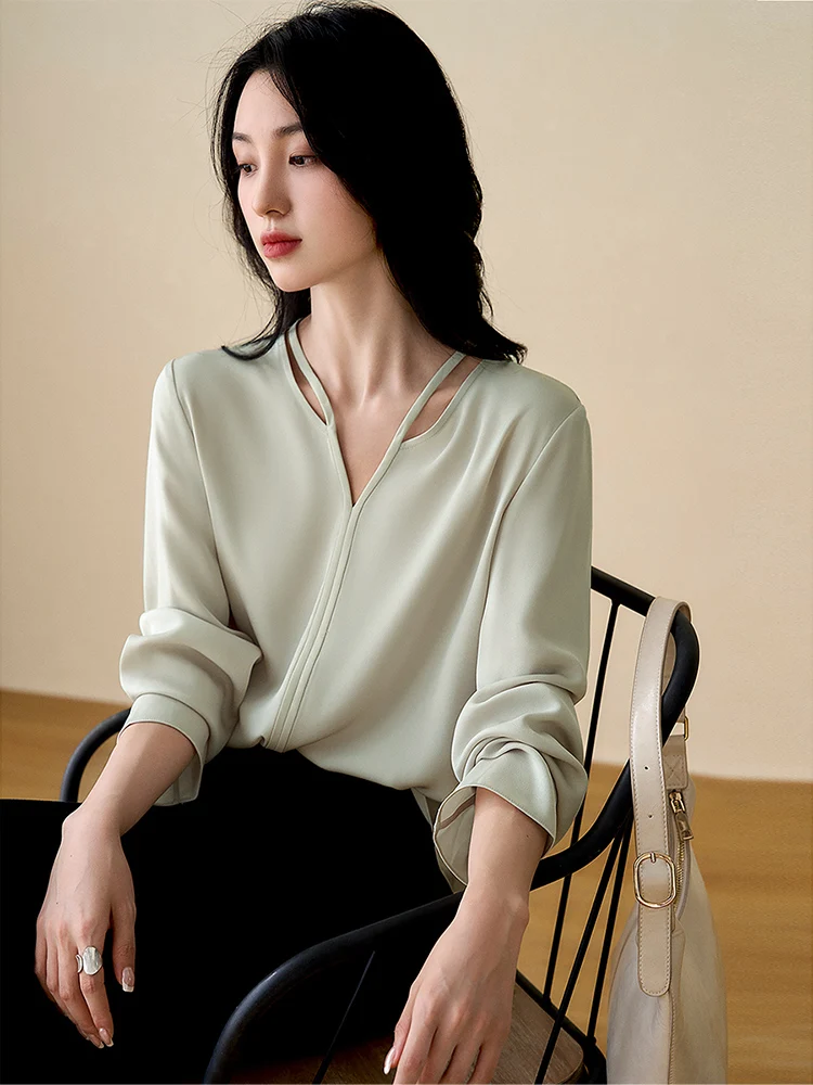 Xiaoxiaohan Pavilion Commuter Cheese Mint Темперамент V-образный вырез на шнуровке с длинными