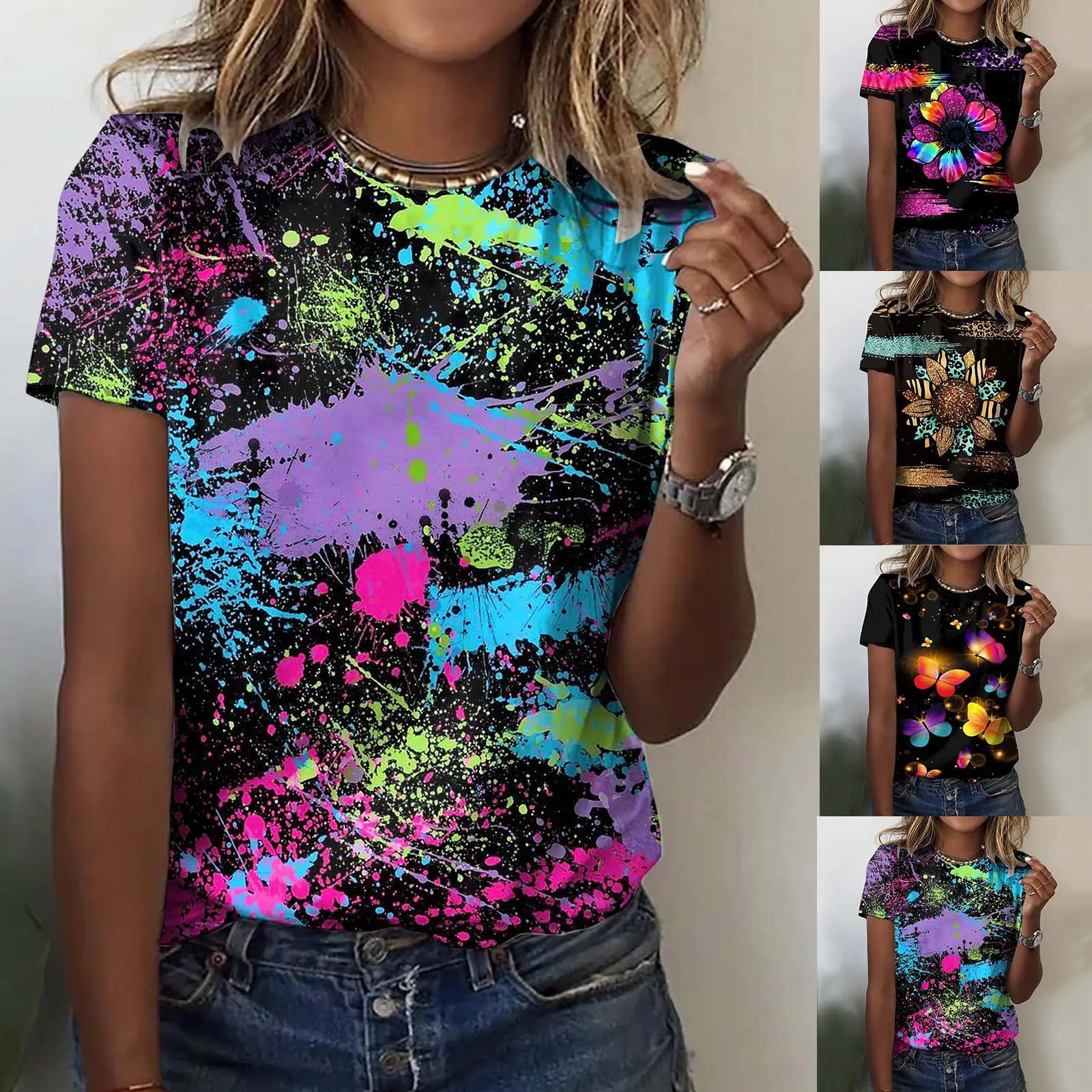 

Свободная туника для женщин, повседневные летние топы с цветочным принтом, короткий рукав, Круглый женский свободный крой, рубашки для трен...