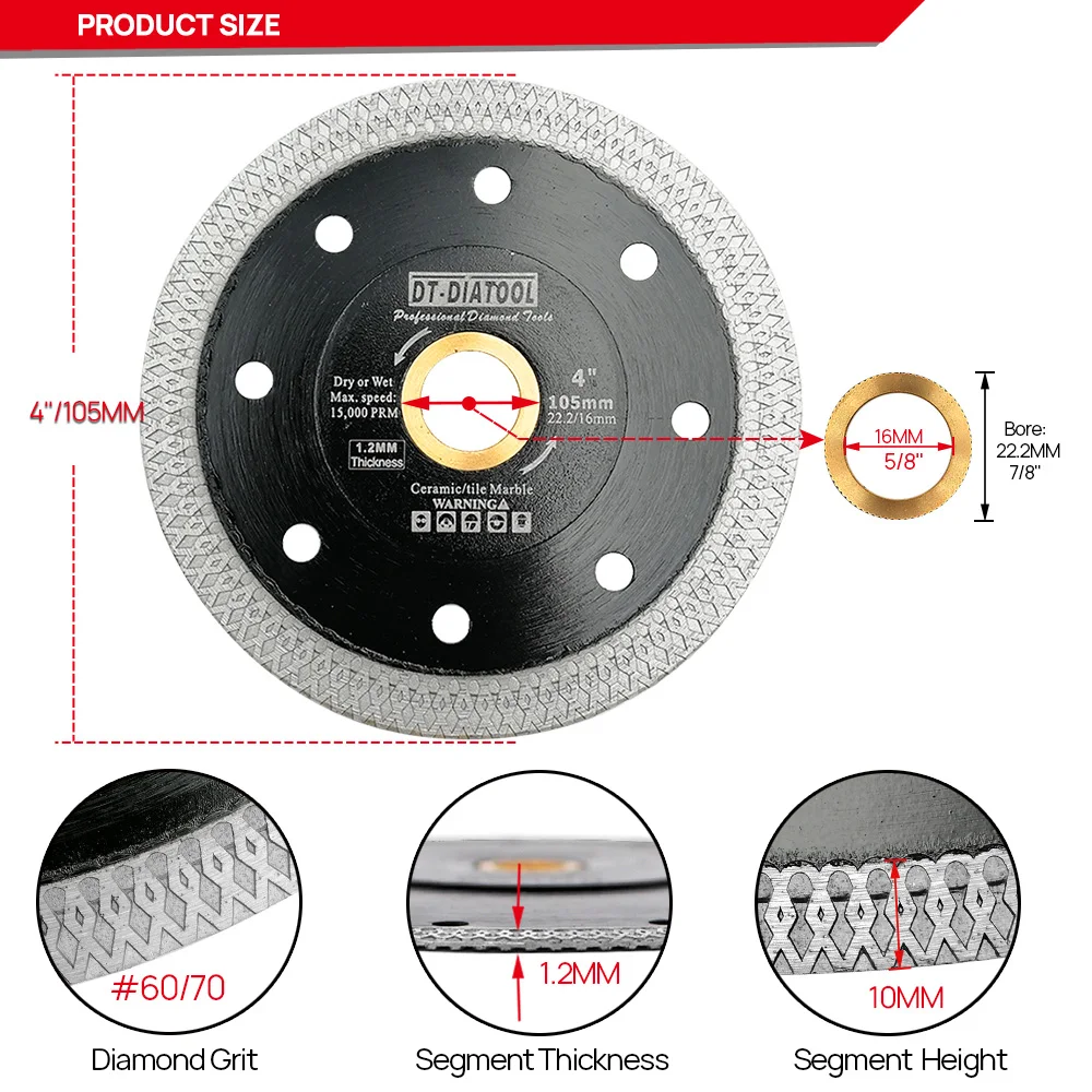 DT-DIATOOL Алмазный отрезной диск Керамический Super Ultra для резки керамики, камня, гранита, мрамора, фарфоровой плитки, пильное полотно